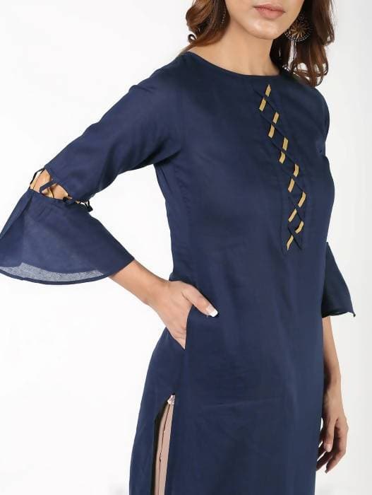 Aniyah Cotton Criss Cross Bell Sleeves Navy Blue Straight Kurta (AN-145K) | Grocsy