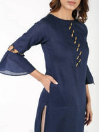 Aniyah Cotton Criss Cross Bell Sleeves Navy Blue Straight Kurta (AN-145K) | Grocsy