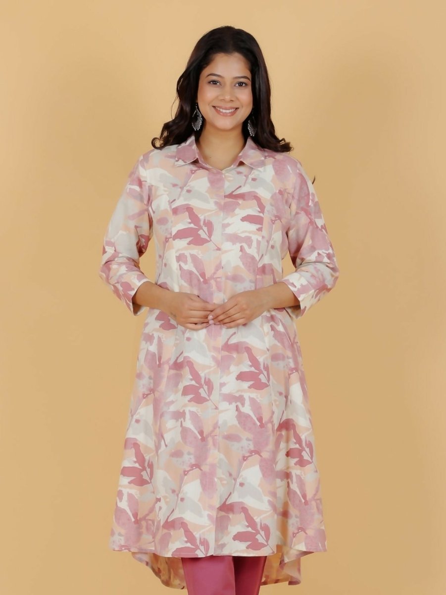 Aramya Pink Linen Cotton Foliage High Low Kurta for Women | Grocsy