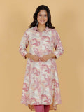 Aramya Pink Linen Cotton Foliage High Low Kurta for Women | Grocsy