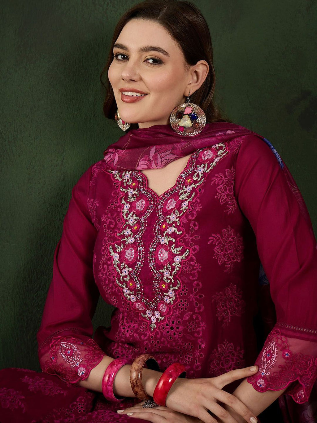 Sangria Embroidered Kurta & Trouser With Dupatta | Grocsy