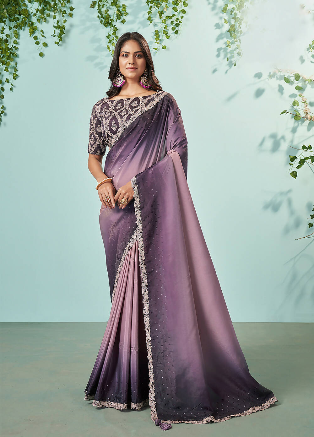 Purple Crepe Silk Solid Saree With Unstitched Blouse Piece - Norita Ikshita | Grocsy
