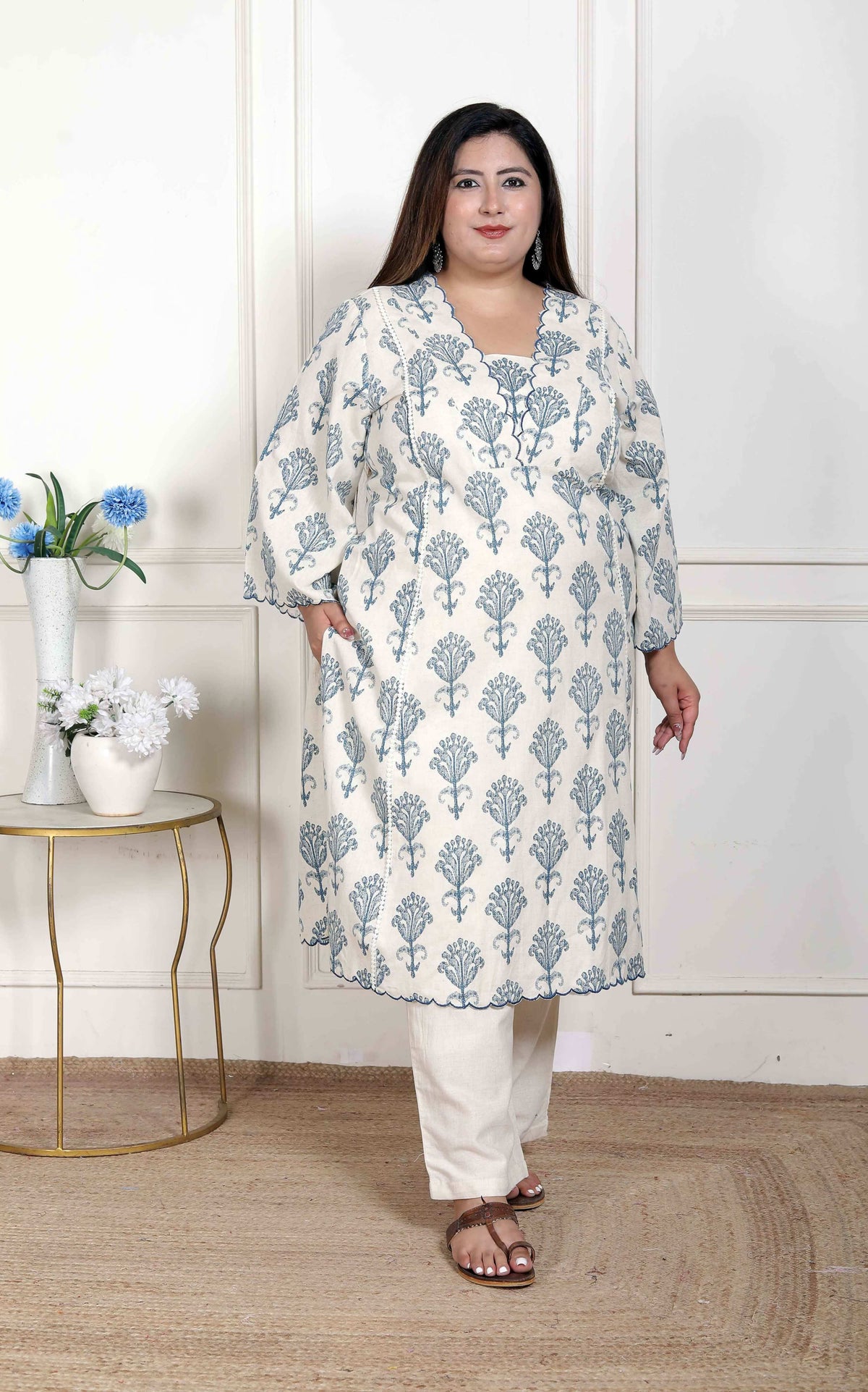Miravan Women's Plus Size Off White Floral Printed Cotton Flex Kurta with Pant | Grocsy