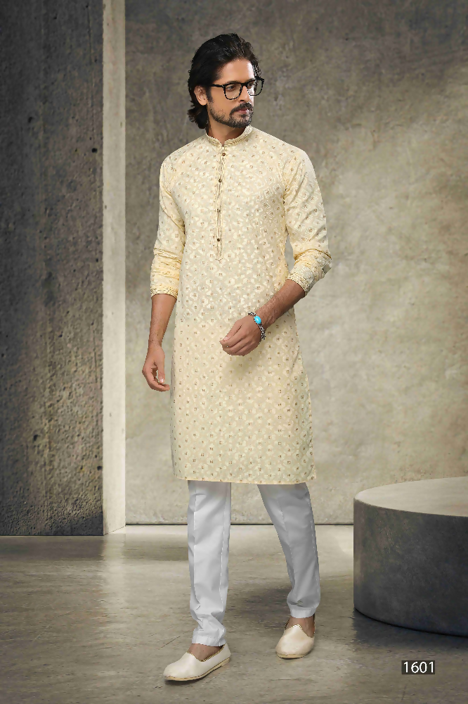 Raivat Ethnic Cotton Printed Work Kurta Pajama In Yellow Colour | Grocsy