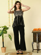 Myshka Women's Black Georgette Top With Palazzos Party Sets | Grocsy