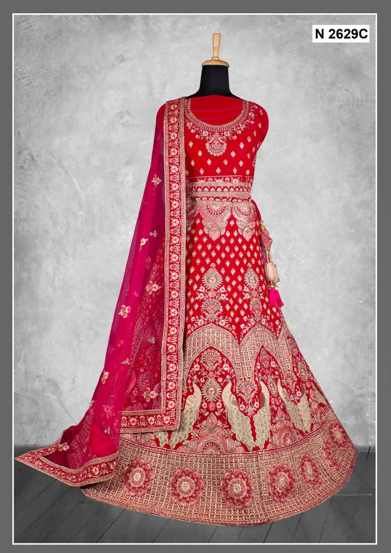 Red Velvet Zardosi Work With Pure Mirror Work Lehenga Choli - Nimaya Tyohar | Grocsy