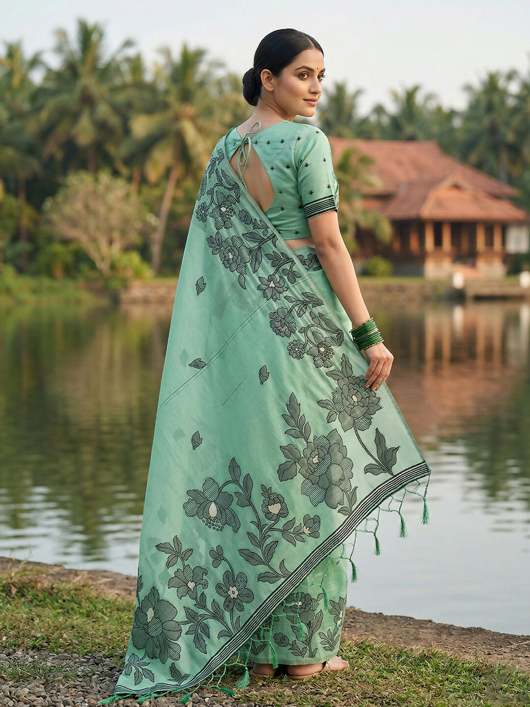 Shree Shyam Fashion Rama Green Linen Cotton Saree | Grocsy