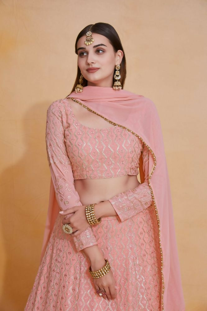 Pink Georgette Thread Sequence Embroidery Work Lehenga Choli - Jihu Culture | Grocsy