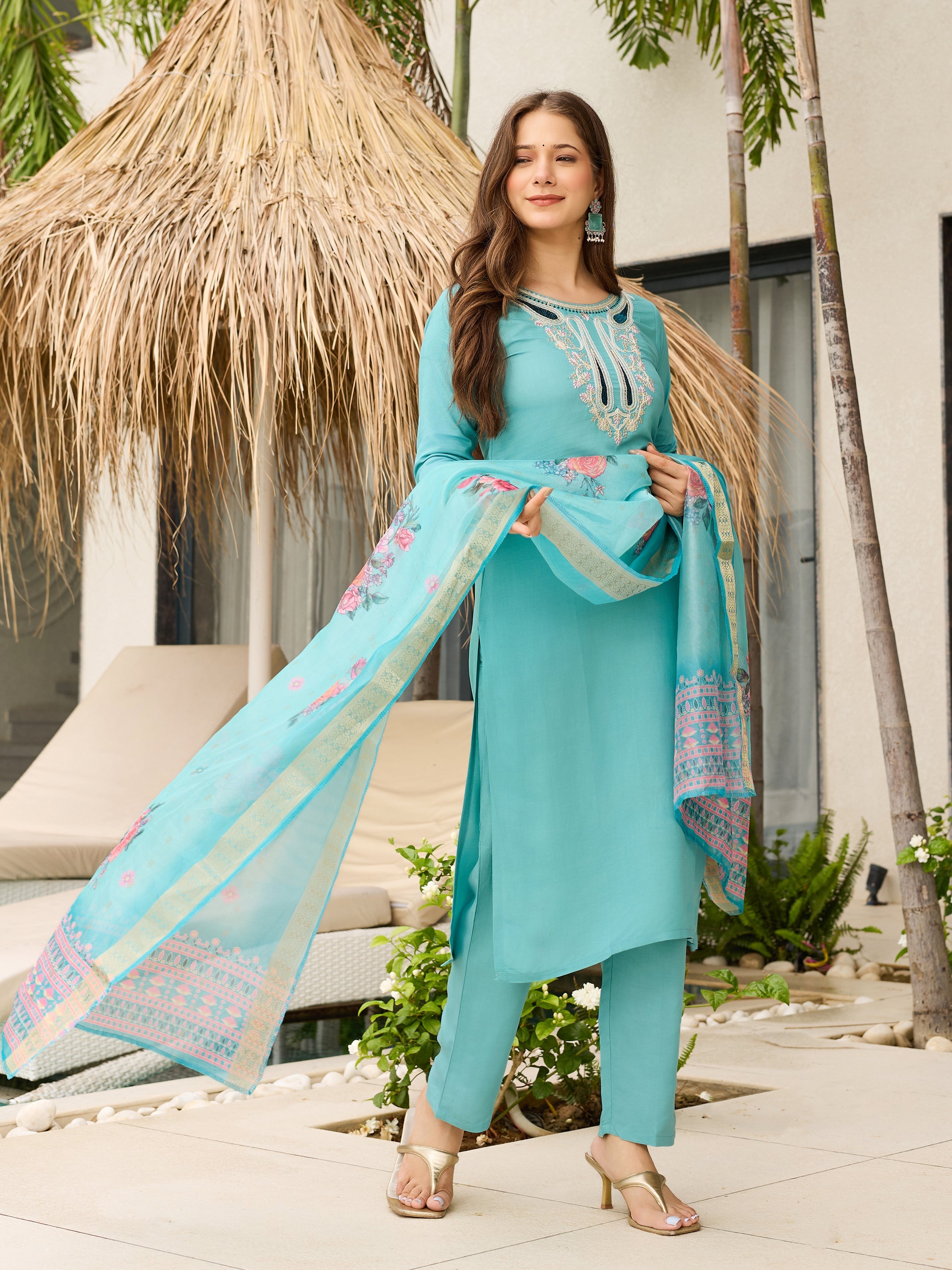 The52 Women's Viscose Embroidery work Straight Kurta with Pant and Dupatta Set | Grocsy
