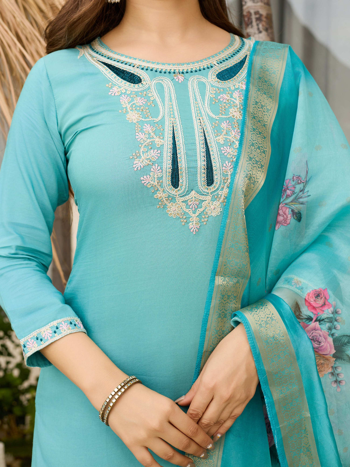 The52 Women's Viscose Embroidery work Straight Kurta with Pant and Dupatta Set | Grocsy