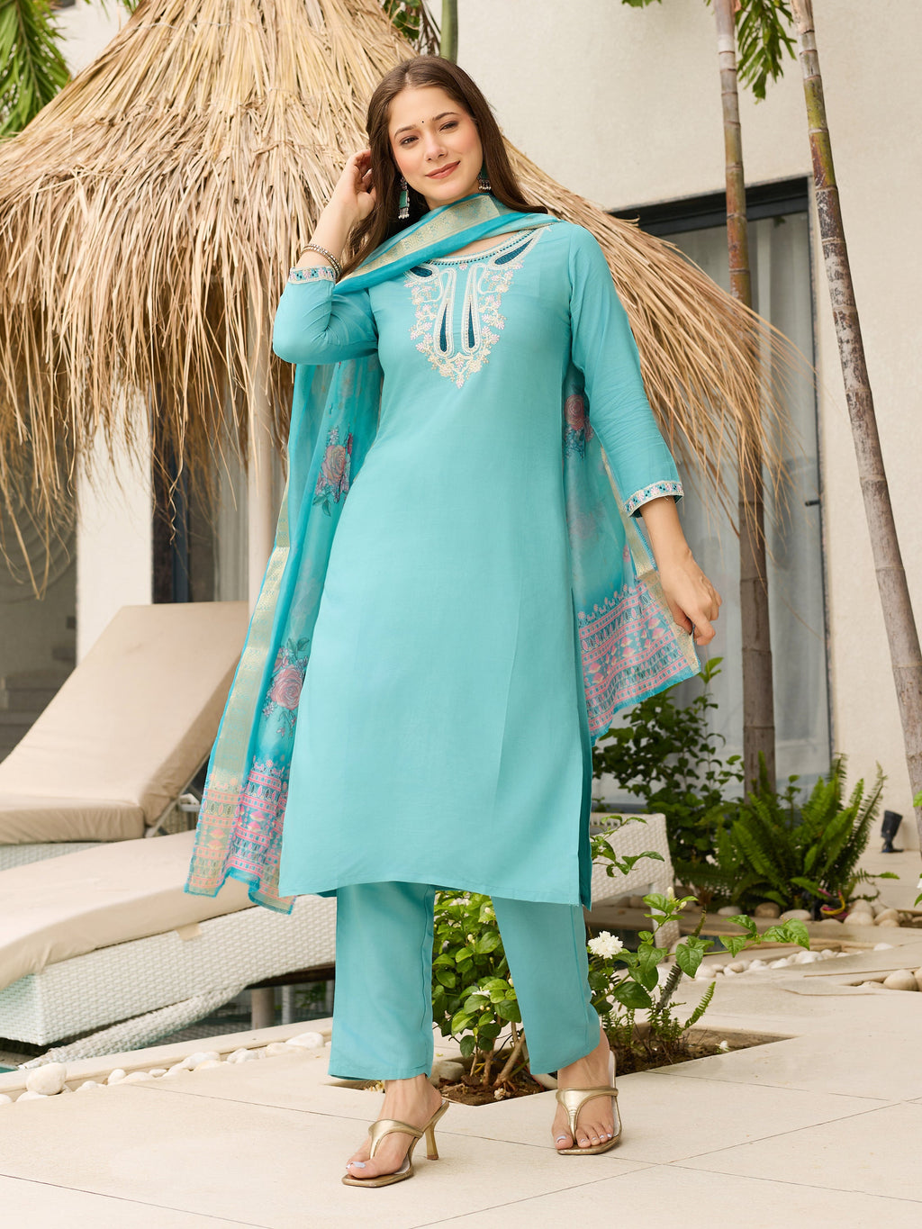 The52 Women's Viscose Embroidery work Straight Kurta with Pant and Dupatta Set | Grocsy