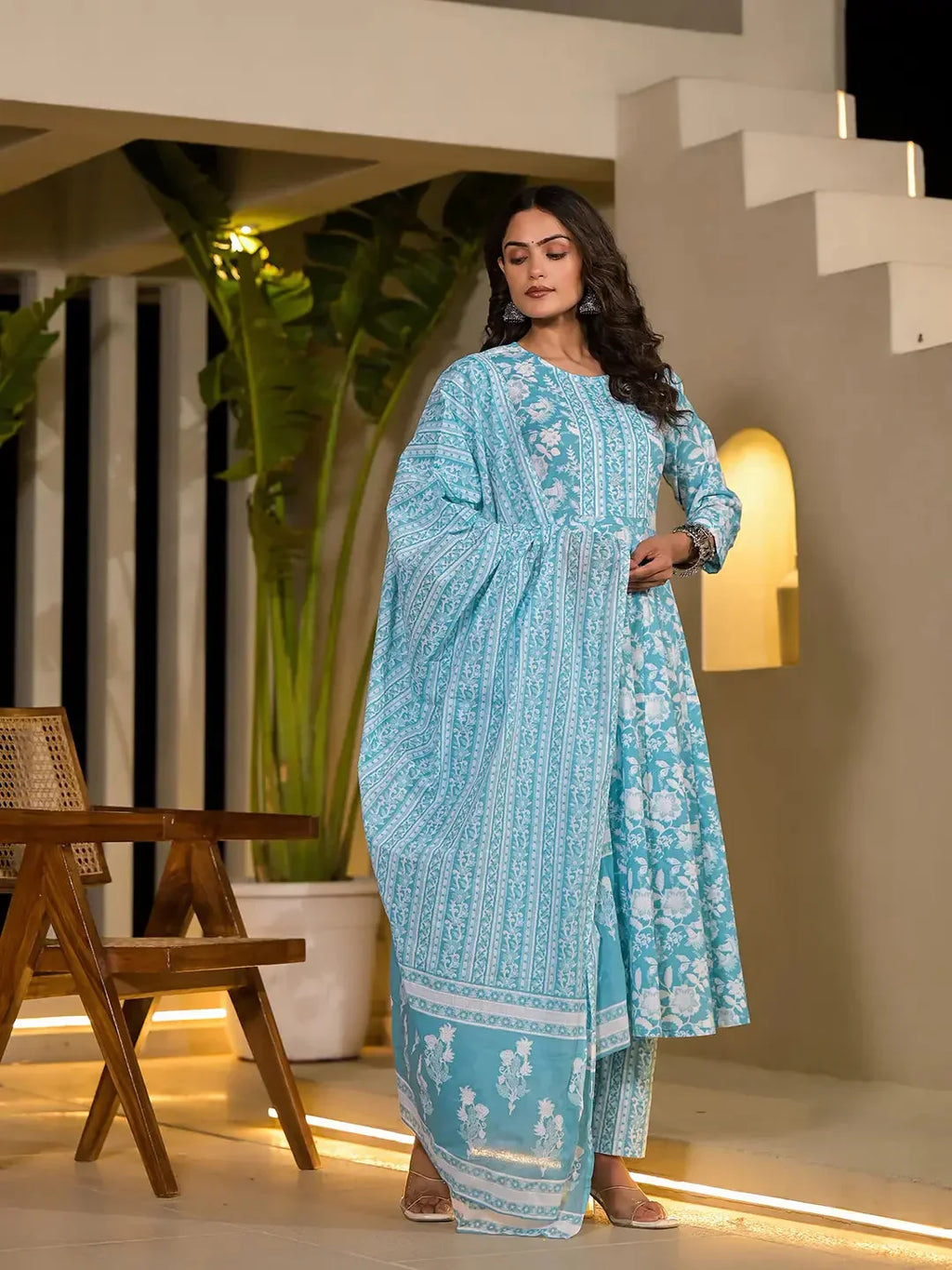 Yufta Sky Blue Cotton Anarkali Style Sequins_Work Kurta With Trousers And Dupatta Set | Grocsy