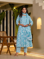 Yufta Sky Blue Cotton Anarkali Style Sequins_Work Kurta With Trousers And Dupatta Set | Grocsy