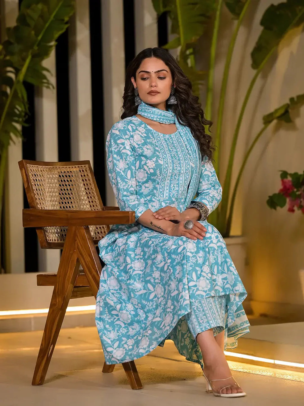 Yufta Sky Blue Cotton Anarkali Style Sequins_Work Kurta With Trousers And Dupatta Set | Grocsy