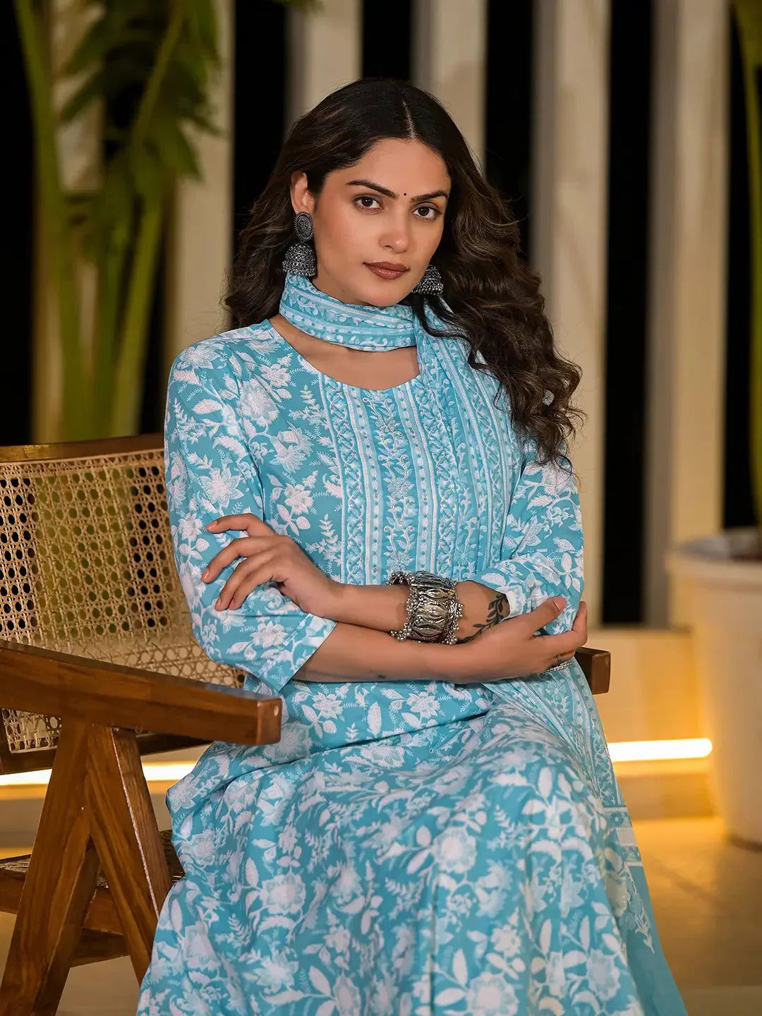 Yufta Sky Blue Cotton Anarkali Style Sequins_Work Kurta With Trousers And Dupatta Set | Grocsy