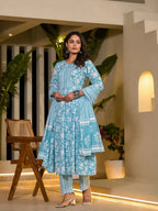 Yufta Sky Blue Cotton Anarkali Style Sequins_Work Kurta With Trousers And Dupatta Set | Grocsy