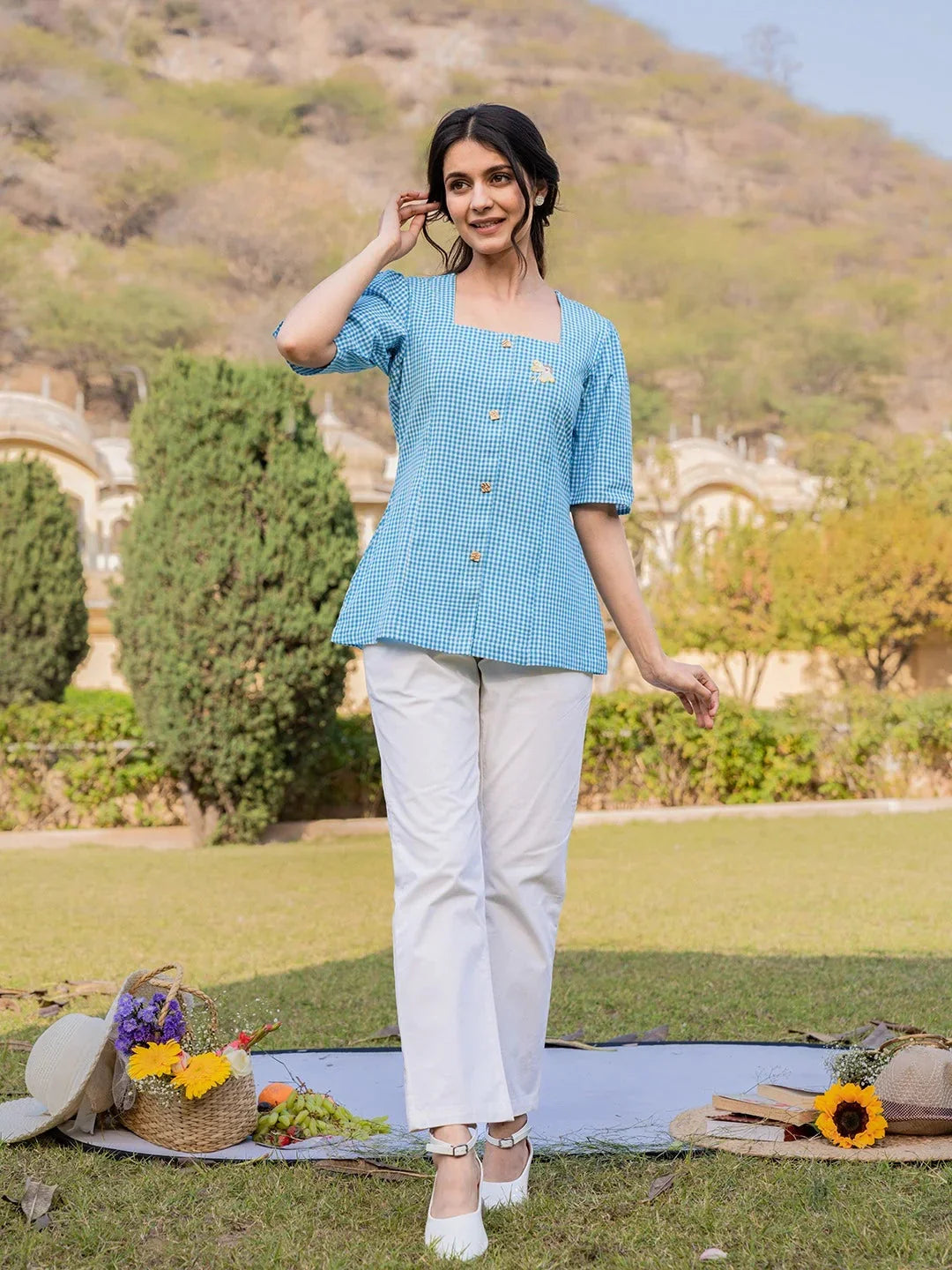 Yufta Sky Blue Cotton Checks Printed Top | Grocsy