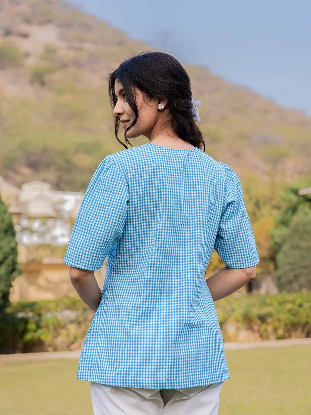Yufta Sky Blue Cotton Checks Printed Top | Grocsy