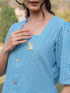 Yufta Sky Blue Cotton Checks Printed Top | Grocsy