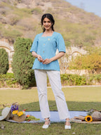 Yufta Sky Blue Cotton Checks Printed Top | Grocsy