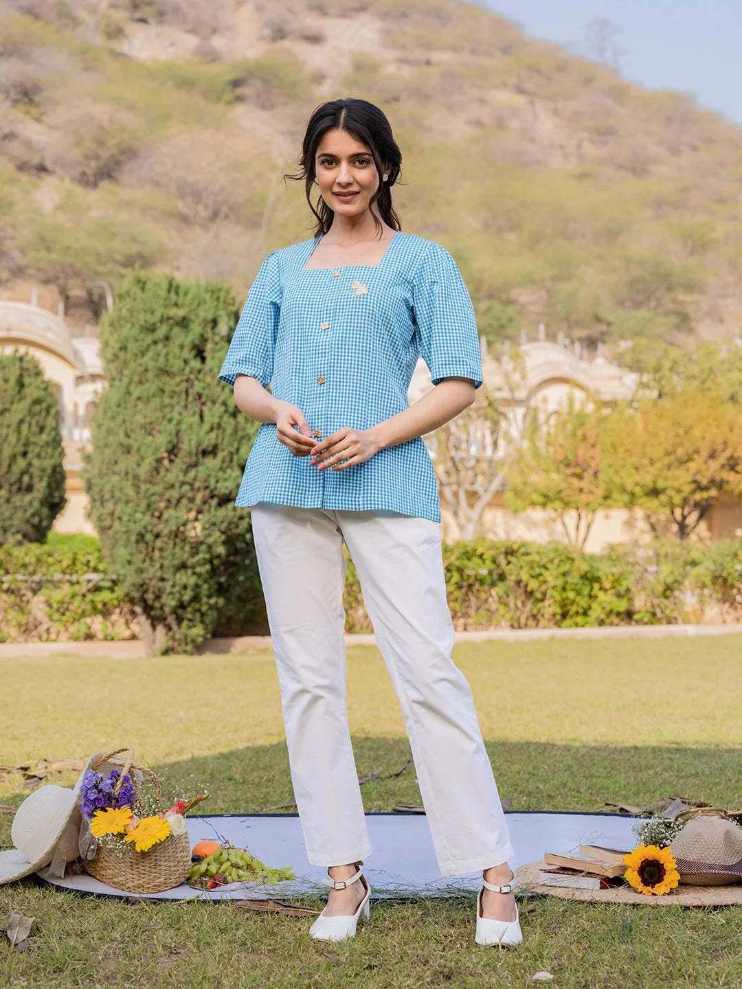 Yufta Sky Blue Cotton Checks Printed Top | Grocsy