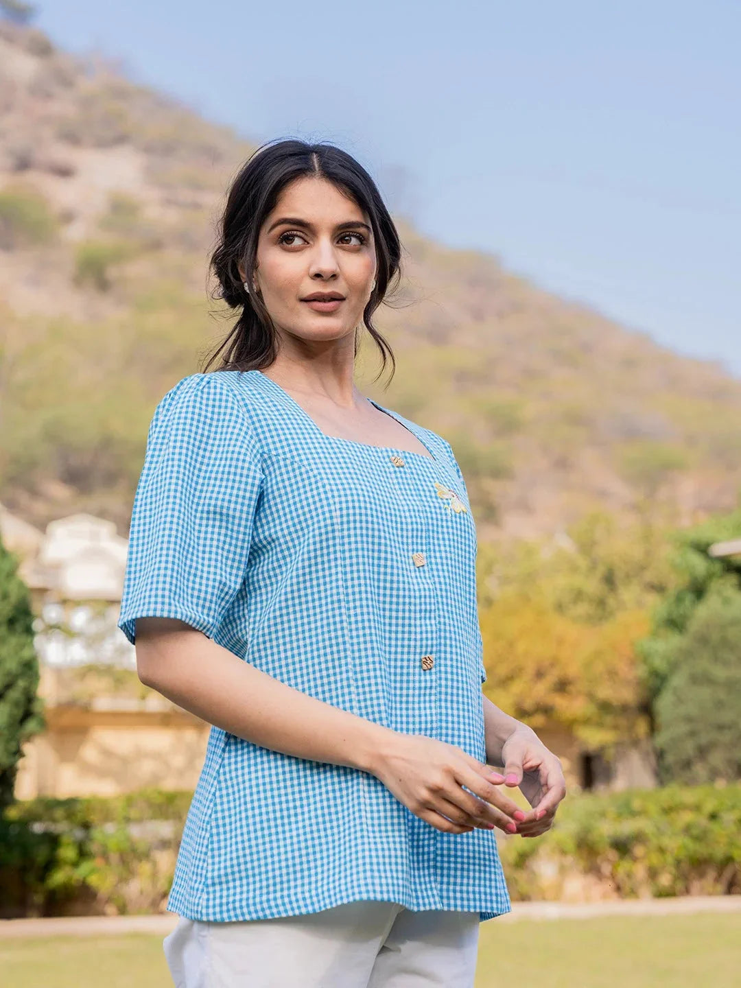 Yufta Sky Blue Cotton Checks Printed Top | Grocsy