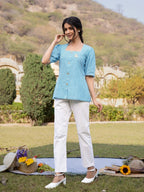 Yufta Sky Blue Cotton Checks Printed Top | Grocsy
