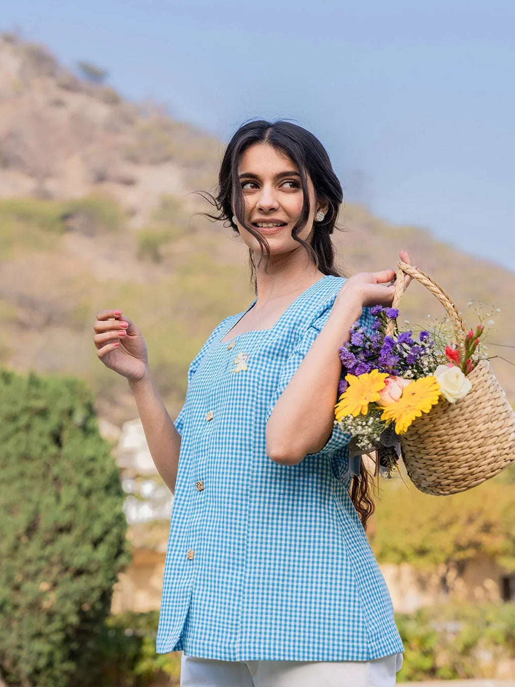 Yufta Sky Blue Cotton Checks Printed Top | Grocsy