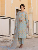 Yufta Sky Blue Floral Print Sequins_Work Straight Kurta Trouser And Dupatta Set | Grocsy