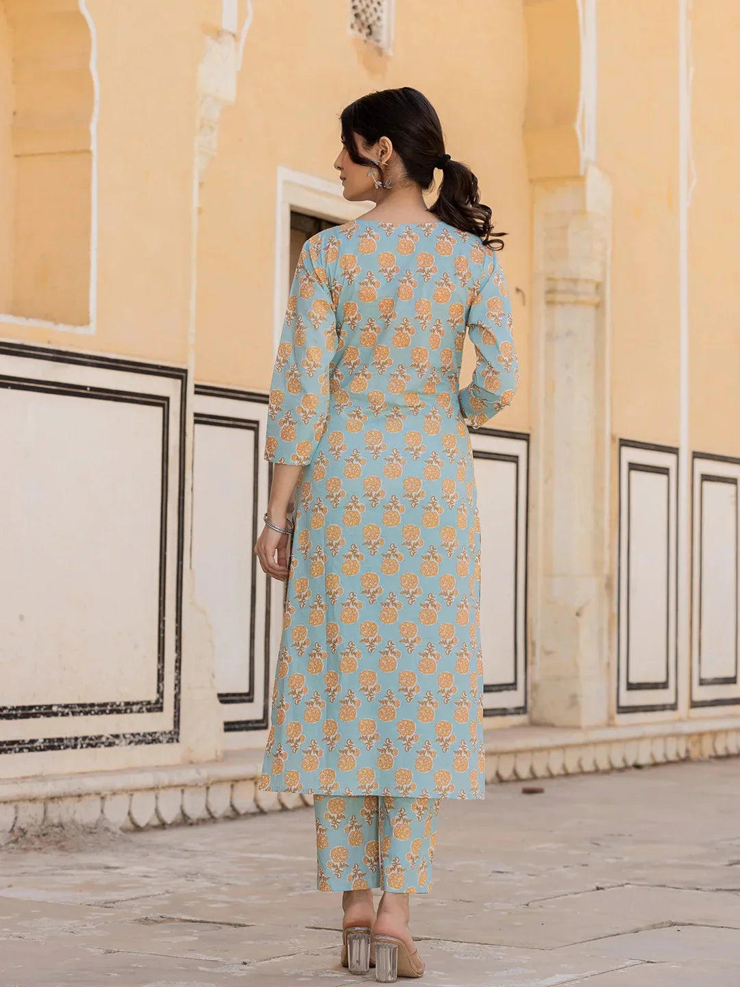 Yufta Sky Blue Floral Print Sequins_Work Straight Kurta Trouser And Dupatta Set | Grocsy