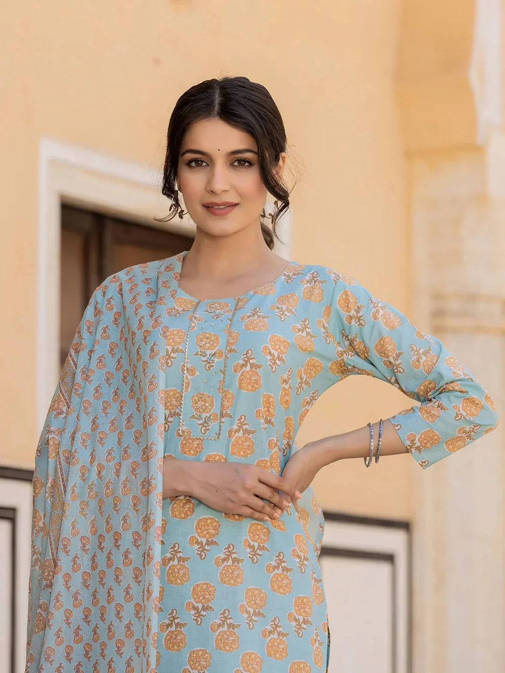 Yufta Sky Blue Floral Print Sequins_Work Straight Kurta Trouser And Dupatta Set | Grocsy