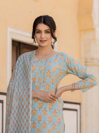 Yufta Sky Blue Floral Print Sequins_Work Straight Kurta Trouser And Dupatta Set | Grocsy