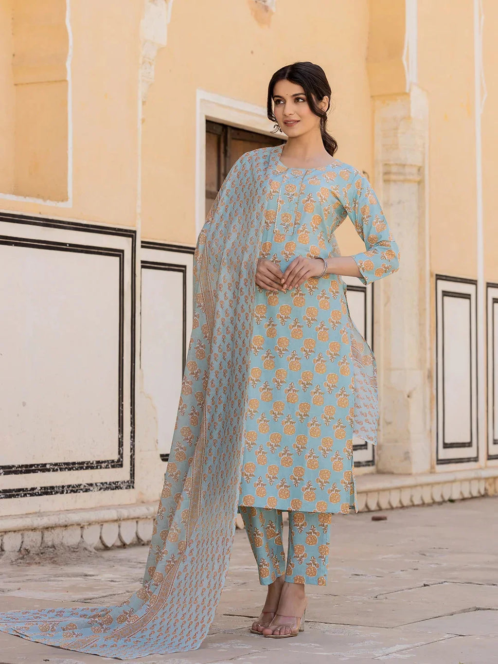 Yufta Sky Blue Floral Print Sequins_Work Straight Kurta Trouser And Dupatta Set | Grocsy