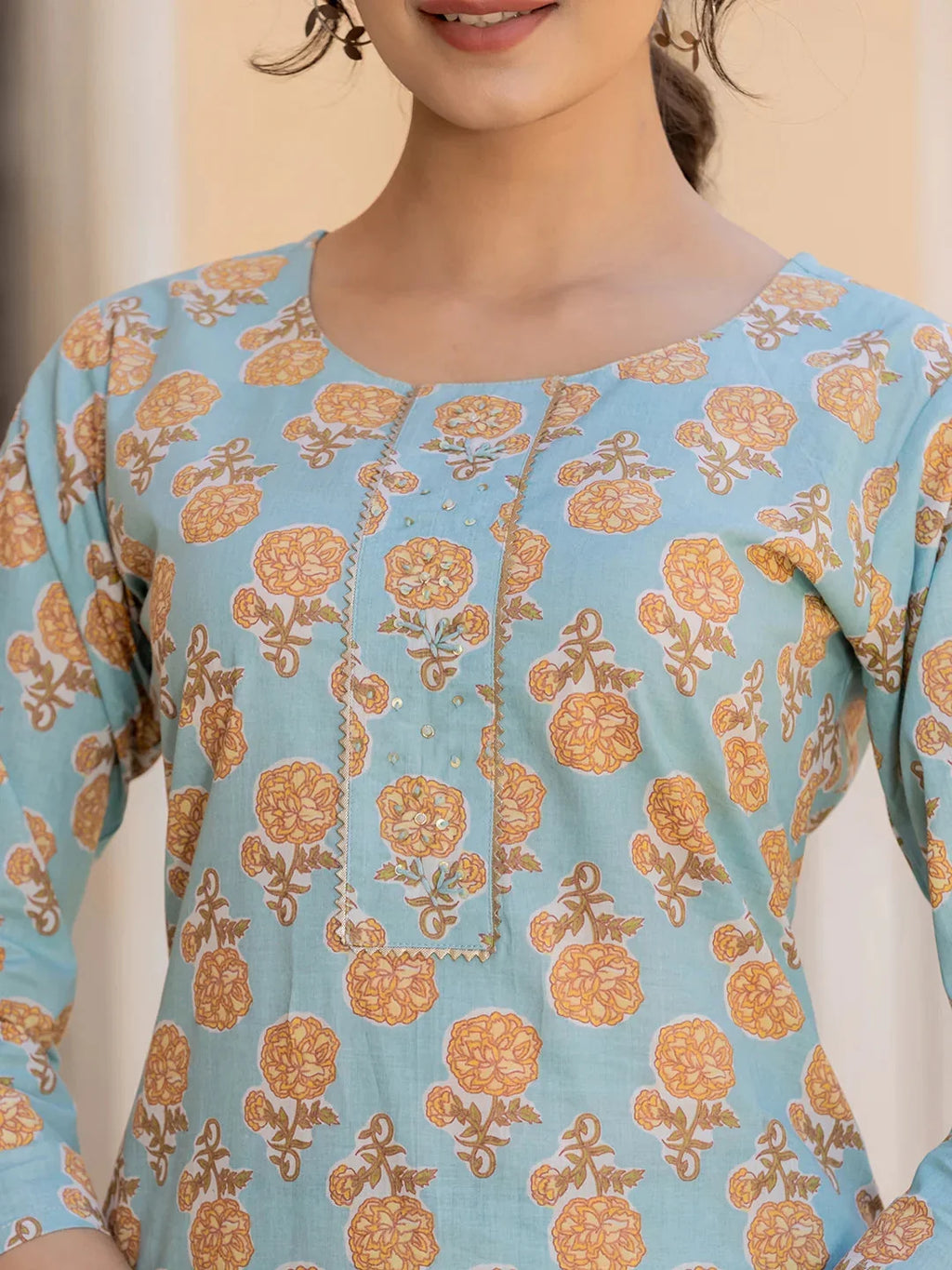 Yufta Sky Blue Floral Print Sequins_Work Straight Kurta Trouser And Dupatta Set | Grocsy