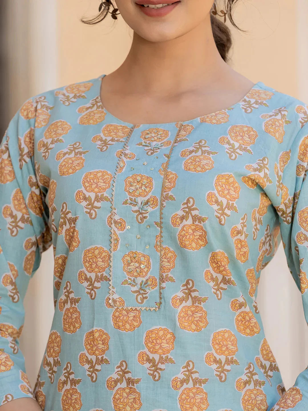 Yufta Sky Blue Floral Print Sequins_Work Straight Kurta Trouser And Dupatta Set | Grocsy