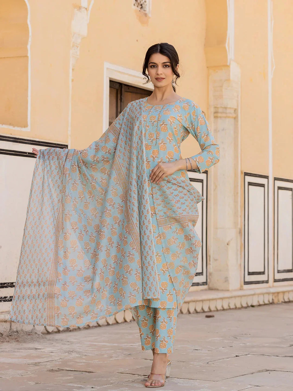 Yufta Sky Blue Floral Print Sequins_Work Straight Kurta Trouser And Dupatta Set | Grocsy