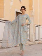Yufta Sky Blue Floral Print Sequins_Work Straight Kurta Trouser And Dupatta Set | Grocsy