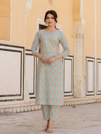 Yufta Sky Blue Floral Print Sequins_Work Straight Kurta Trouser And Dupatta Set | Grocsy