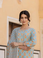 Yufta Sky Blue Floral Print Sequins_Work Straight Kurta Trouser And Dupatta Set | Grocsy