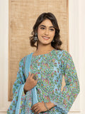 Yufta Sky Blue Leaf Print Cotton Pakistani Style Kurta And Trousers With Dupatta | Grocsy