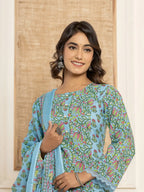Yufta Sky Blue Leaf Print Cotton Pakistani Style Kurta And Trousers With Dupatta | Grocsy