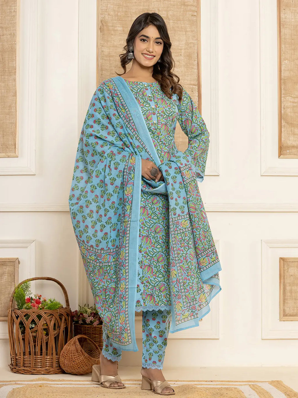 Yufta Sky Blue Leaf Print Cotton Pakistani Style Kurta And Trousers With Dupatta | Grocsy