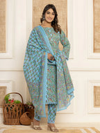 Yufta Sky Blue Leaf Print Cotton Pakistani Style Kurta And Trousers With Dupatta | Grocsy