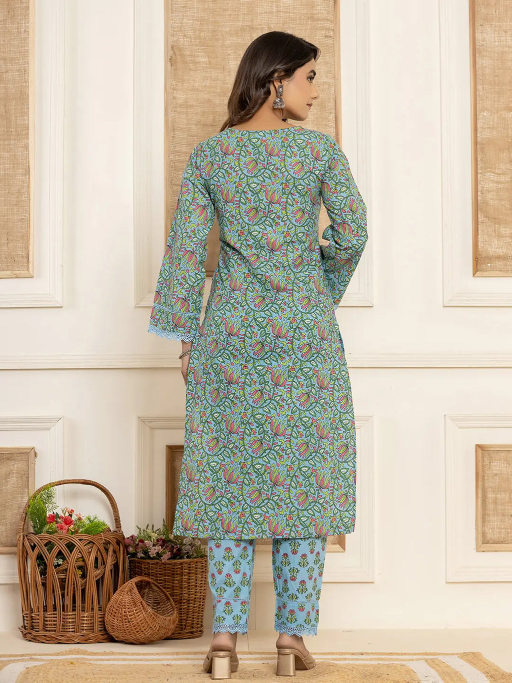 Yufta Sky Blue Leaf Print Cotton Pakistani Style Kurta And Trousers With Dupatta | Grocsy