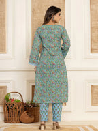 Yufta Sky Blue Leaf Print Cotton Pakistani Style Kurta And Trousers With Dupatta | Grocsy