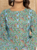 Yufta Sky Blue Leaf Print Cotton Pakistani Style Kurta And Trousers With Dupatta | Grocsy