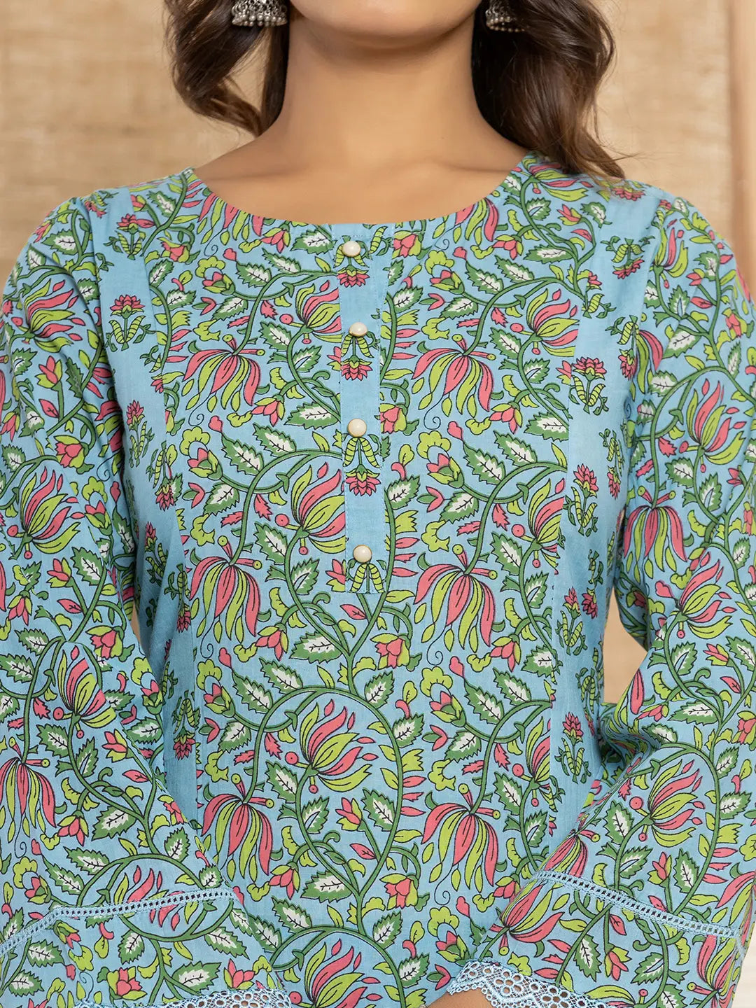 Yufta Sky Blue Leaf Print Cotton Pakistani Style Kurta And Trousers With Dupatta | Grocsy