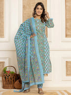 Yufta Sky Blue Leaf Print Cotton Pakistani Style Kurta And Trousers With Dupatta | Grocsy