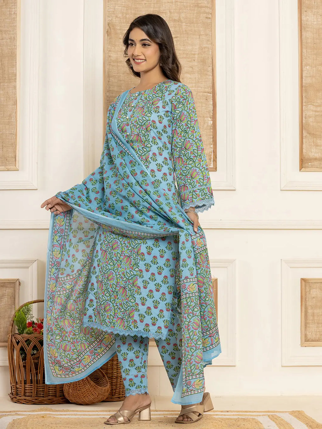 Yufta Sky Blue Leaf Print Cotton Pakistani Style Kurta And Trousers With Dupatta | Grocsy