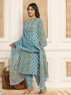 Yufta Sky Blue Leaf Print Cotton Pakistani Style Kurta And Trousers With Dupatta | Grocsy
